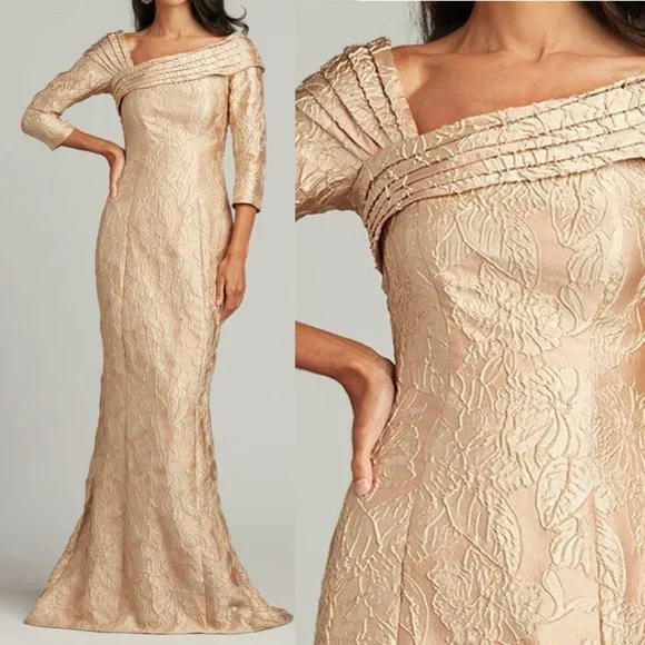 tadashi shoji asymmetric floral jacquard dress Tadashi Shoji CHQ25199L Long Floral Pleated Formal Dress – The Dress Outlet main image 1